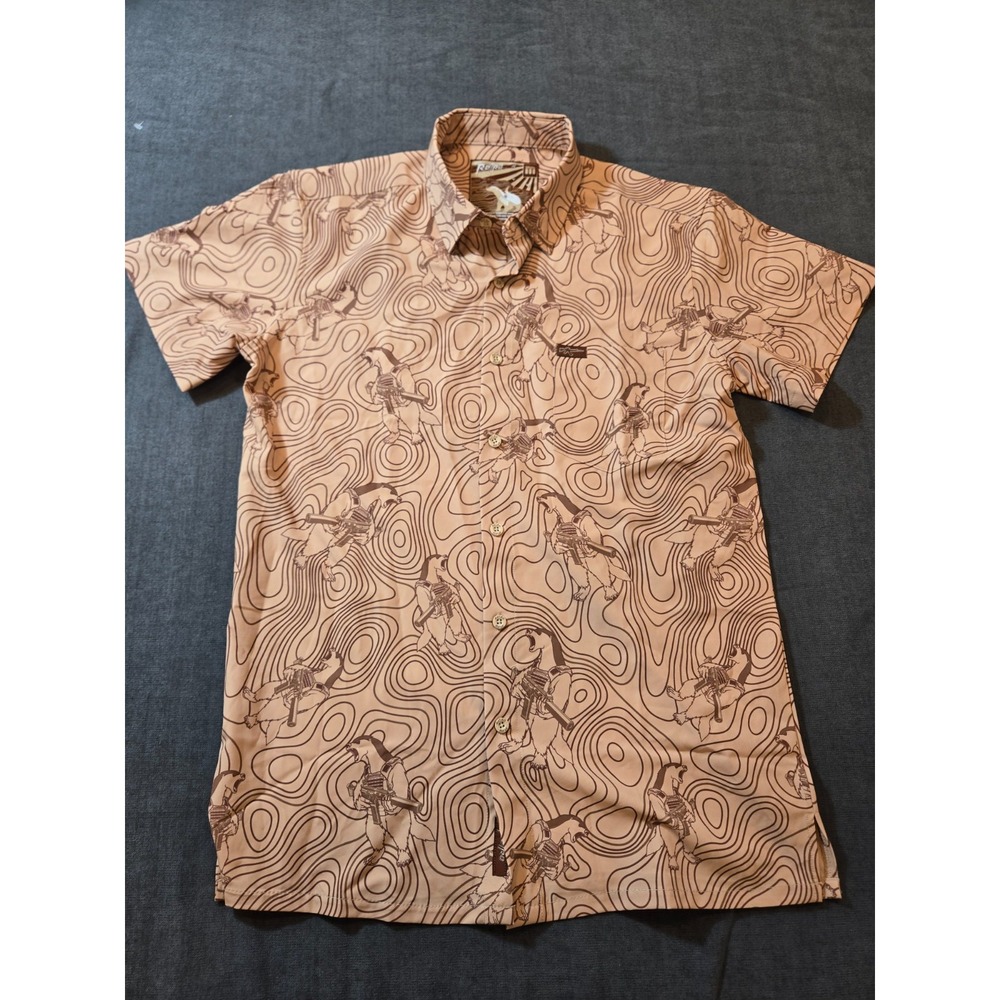 Retro Rifle Hawaiian Button Shirt Mens Medium Hunter AOP Stretch
